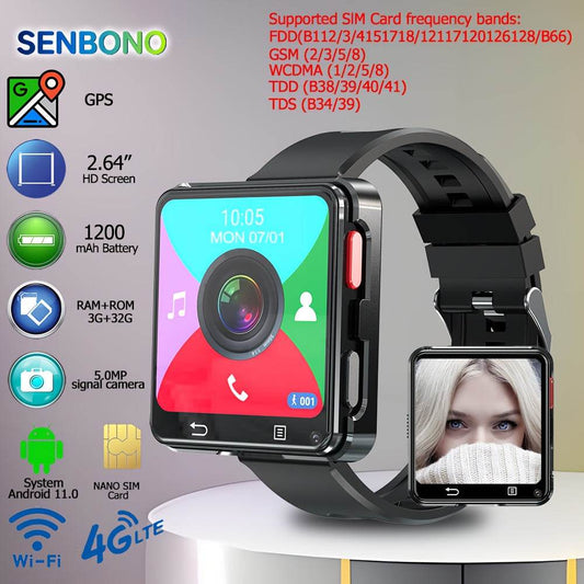 SENBONO Men’s Smart Watch with GPS, WiFi, Camera & Wireless Calls – 6.71cm HD Display, Android Mini Phone Function, 1200mAh Battery, MP3/MP4 Player, Step Counter, Monitor & More, Black Silicone Strap, Multifunctional Smar - Quality Shopping Centre