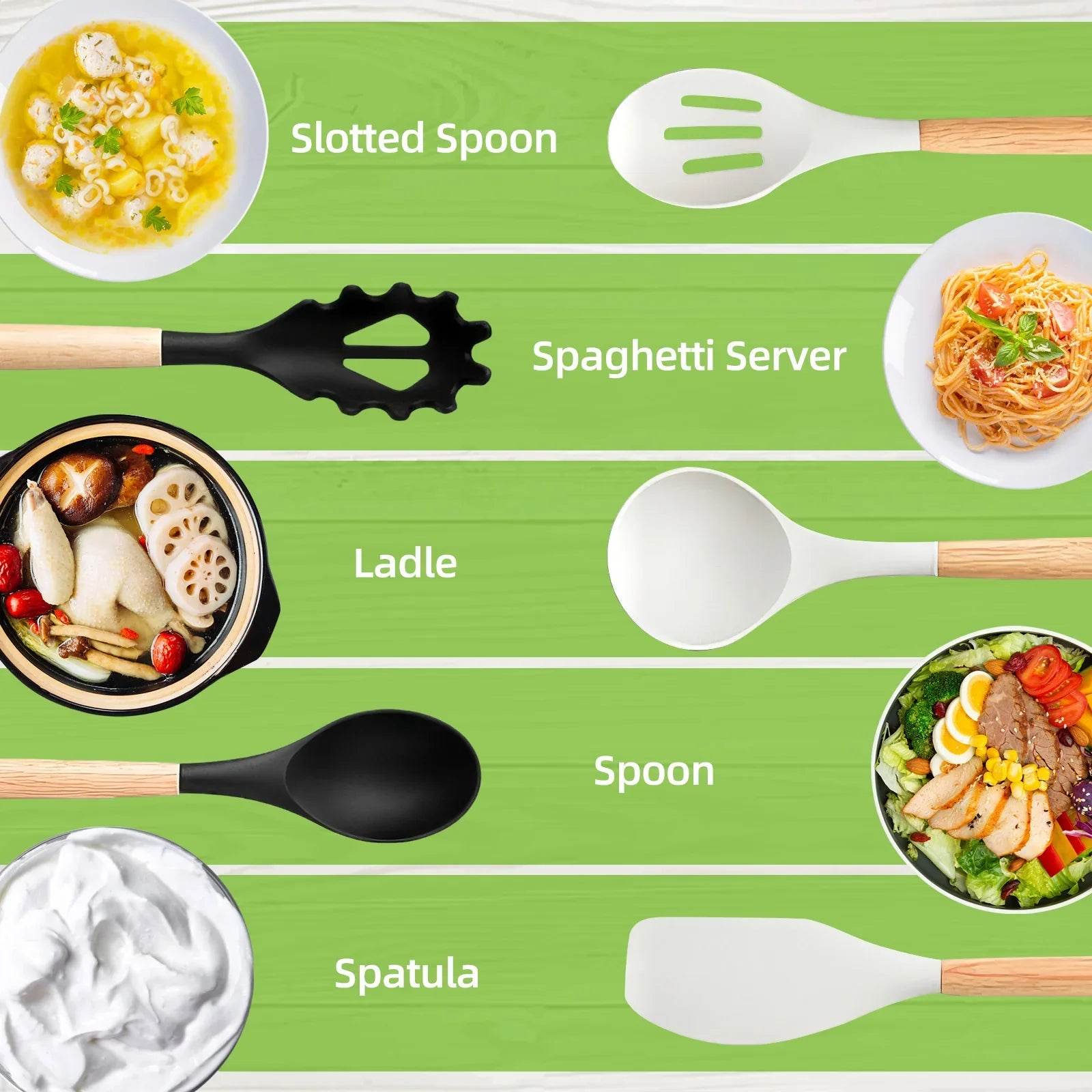 Silicone Cooking Utensils Set Turner Spatula Spoon Brush Whisk Knife Scissors Kitchen Utensil Gadgets Tools Set with Holder - Quality Shopping Centre