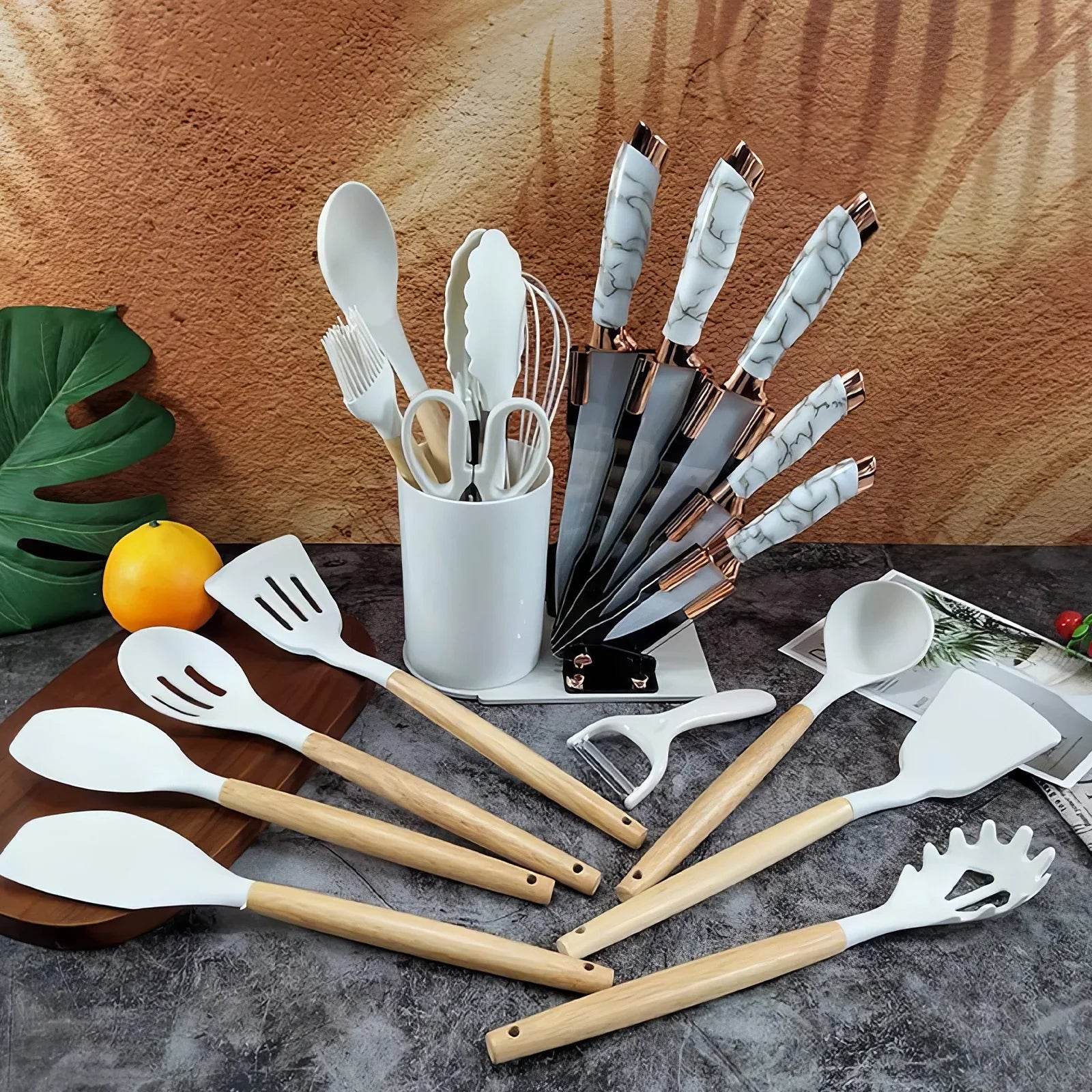 Silicone Cooking Utensils Set Turner Spatula Spoon Brush Whisk Knife Scissors Kitchen Utensil Gadgets Tools Set with Holder - Quality Shopping Centre