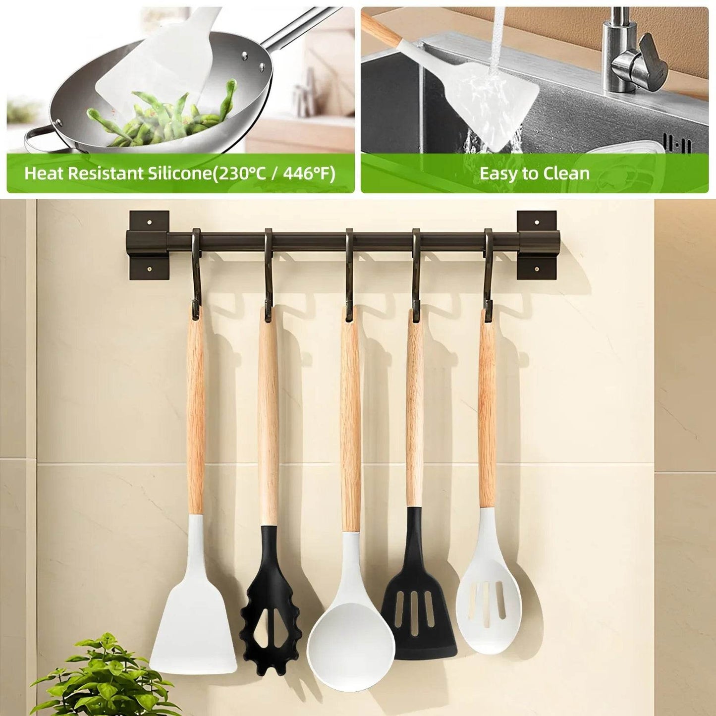 Silicone Cooking Utensils Set Turner Spatula Spoon Brush Whisk Knife Scissors Kitchen Utensil Gadgets Tools Set with Holder - Quality Shopping Centre