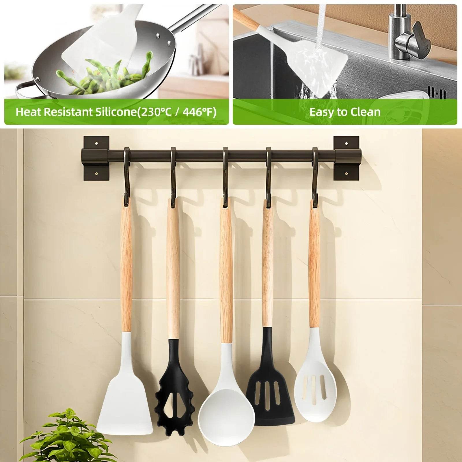 Silicone Cooking Utensils Set Turner Spatula Spoon Brush Whisk Knife Scissors Kitchen Utensil Gadgets Tools Set with Holder - Quality Shopping Centre
