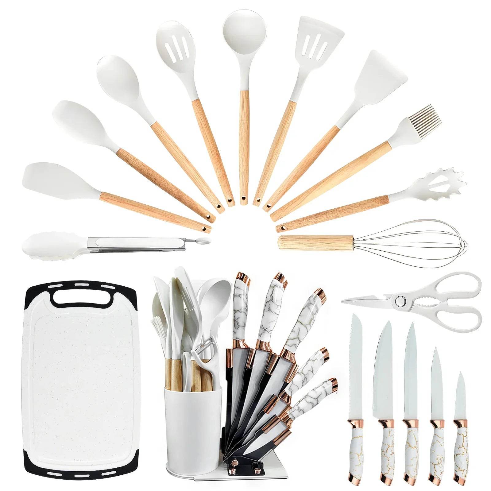 Silicone Cooking Utensils Set Turner Spatula Spoon Brush Whisk Knife Scissors Kitchen Utensil Gadgets Tools Set with Holder - Quality Shopping Centre
