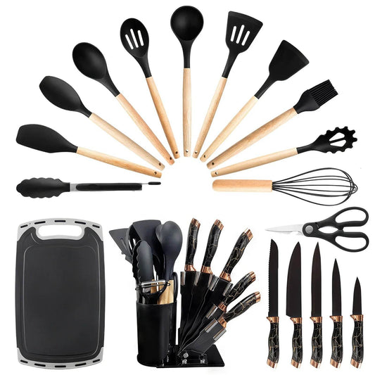 Silicone Cooking Utensils Set Turner Spatula Spoon Brush Whisk Knife Scissors Kitchen Utensil Gadgets Tools Set with Holder - Quality Shopping Centre