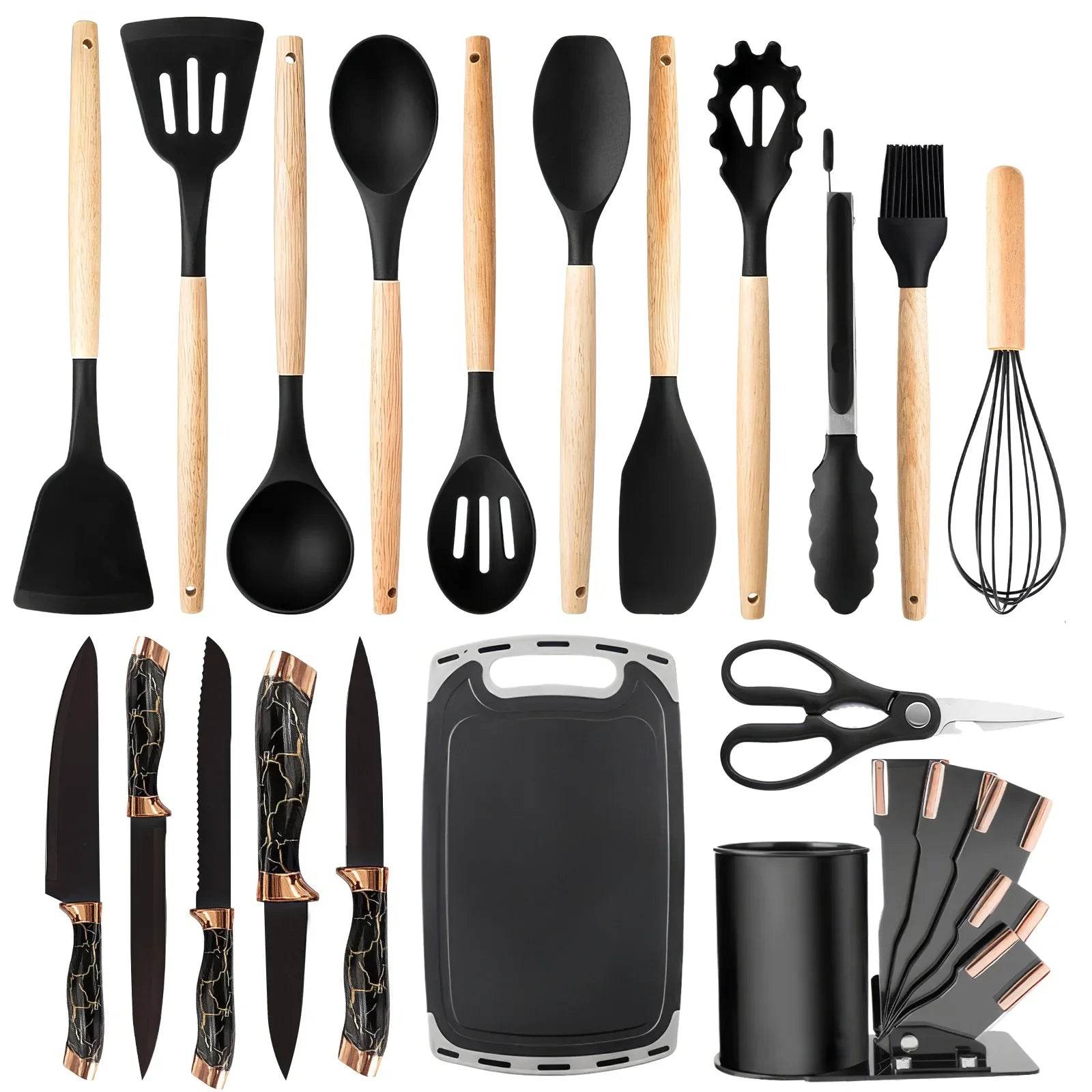 Silicone Cooking Utensils Set Turner Spatula Spoon Brush Whisk Knife Scissors Kitchen Utensil Gadgets Tools Set with Holder - Quality Shopping Centre