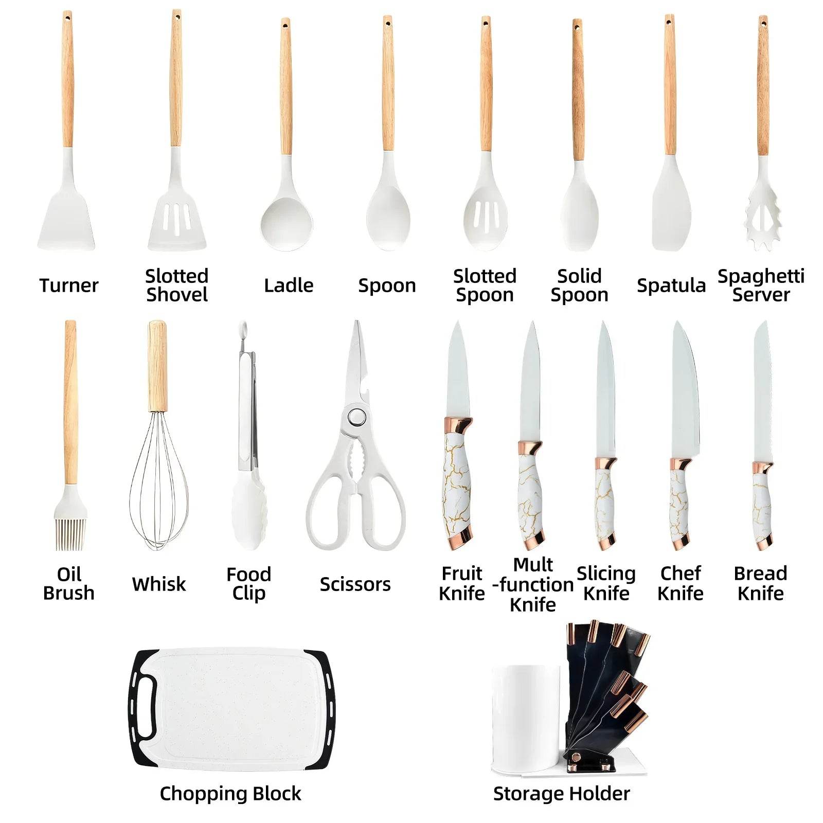 Silicone Cooking Utensils Set Turner Spatula Spoon Brush Whisk Knife Scissors Kitchen Utensil Gadgets Tools Set with Holder - Quality Shopping Centre