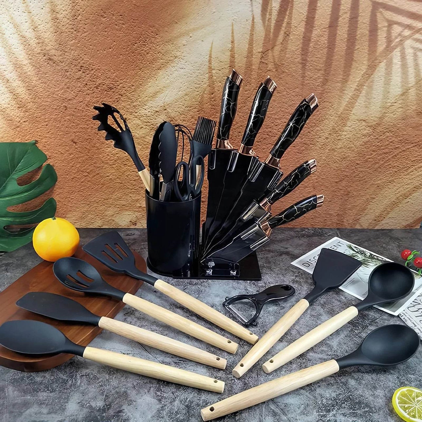 Silicone Cooking Utensils Set Turner Spatula Spoon Brush Whisk Knife Scissors Kitchen Utensil Gadgets Tools Set with Holder - Quality Shopping Centre