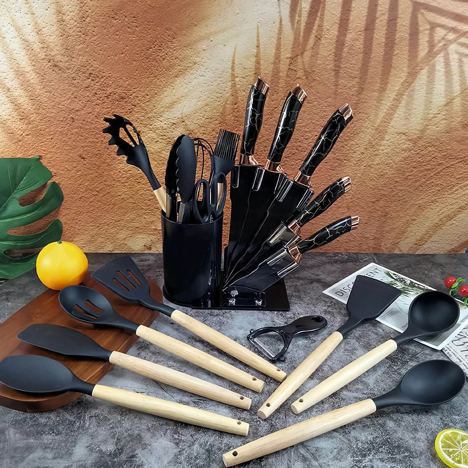 Silicone Cooking Utensils Set Turner Spatula Spoon Brush Whisk Knife Scissors Kitchen Utensil Gadgets Tools Set with Holder - Quality Shopping Centre