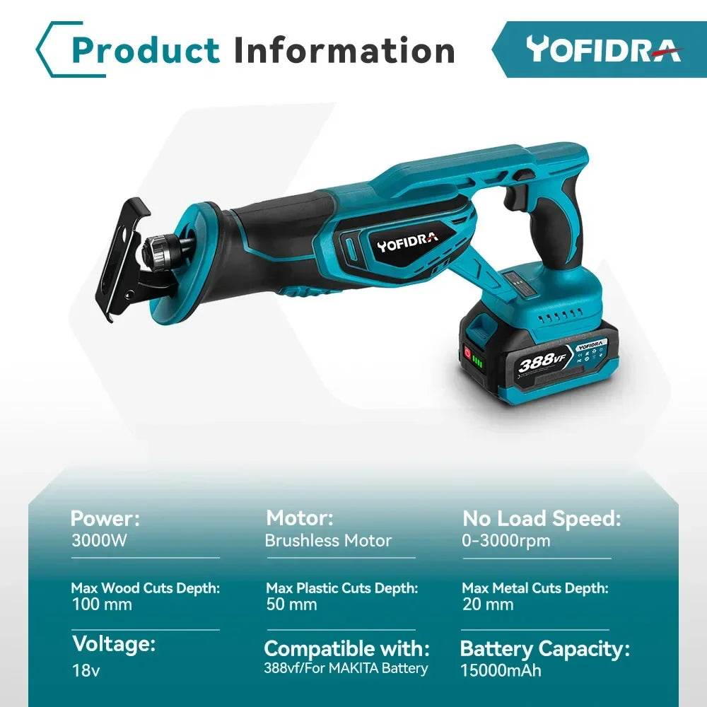 YOFIDRA 3000RPM Brushless Reciprocating Saw Handheld Wood Metal Pipe Cutting Electric Saw Chainsaw Tool For Makita 18v Battery - Quality Shopping Centre
