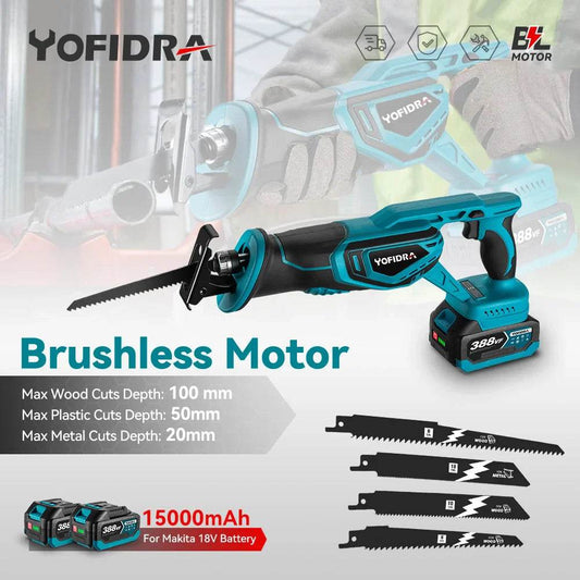 YOFIDRA 3000RPM Brushless Reciprocating Saw Handheld Wood Metal Pipe Cutting Electric Saw Chainsaw Tool For Makita 18v Battery - Quality Shopping Centre