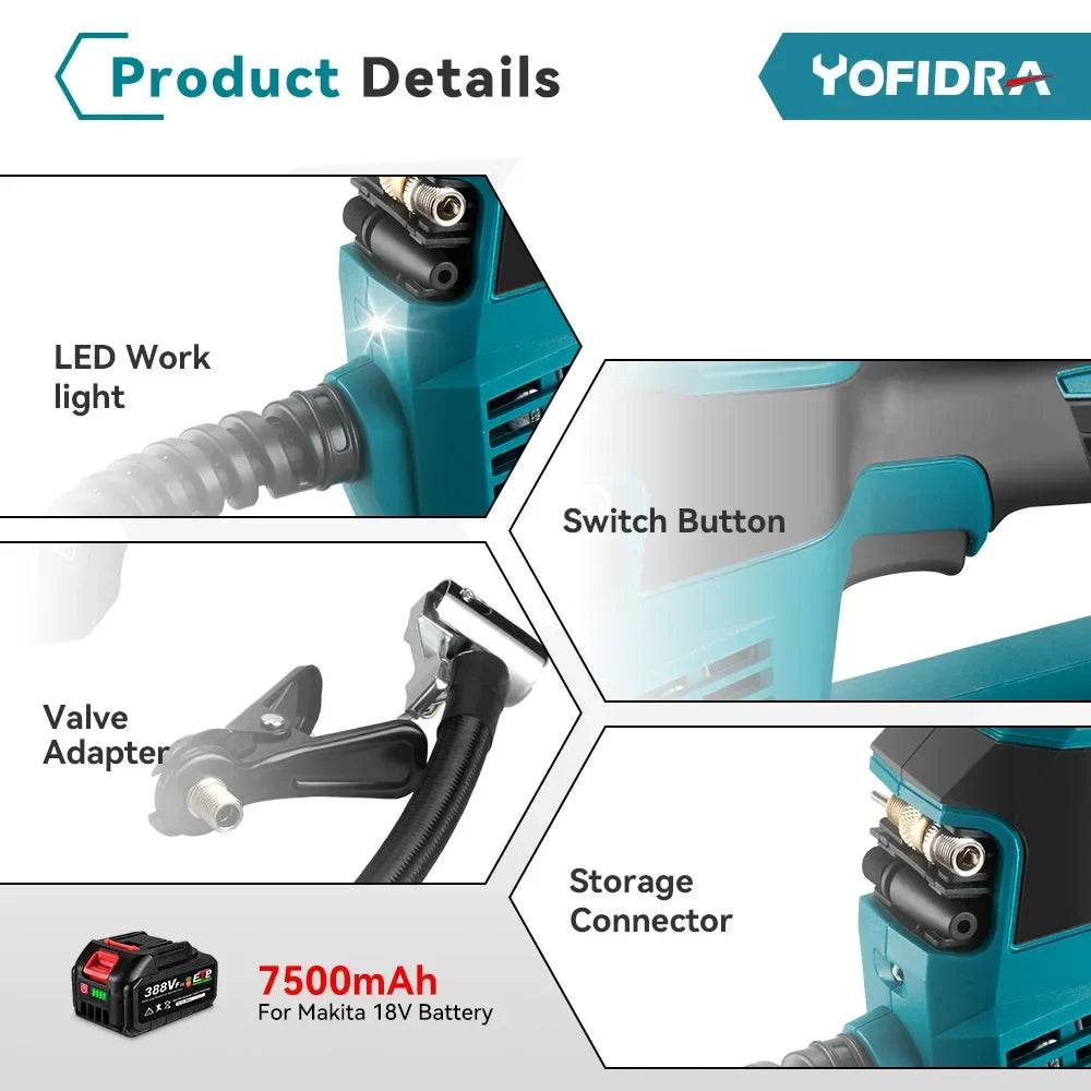 Yofidra 830Kpa Inflatable Pump High Pressure Digital Air Compressor Car Electric Air Pump Pneumatics For Makita 18V Battery - Quality Shopping Centre